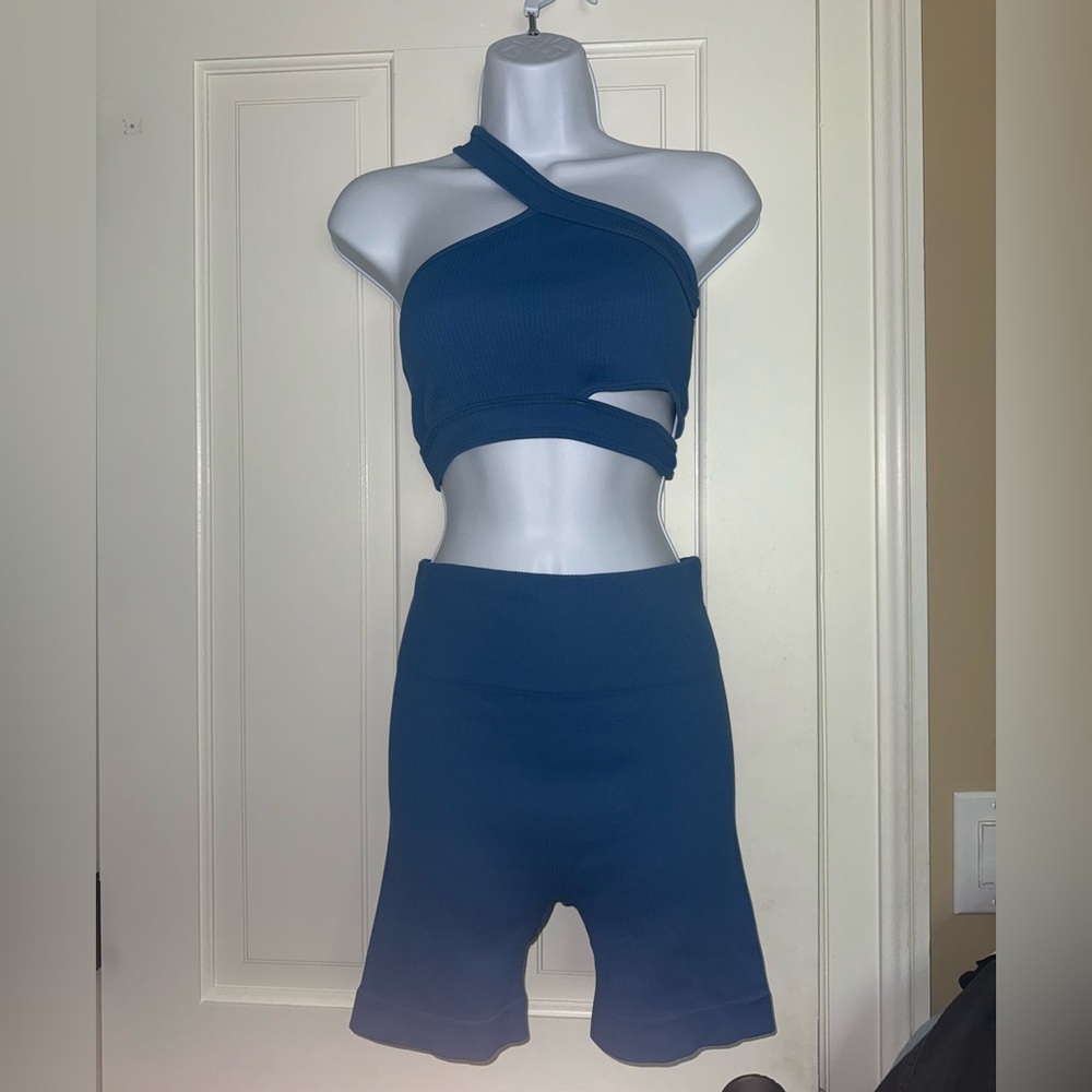 Blue One-Shoulder Cutout Top and Bottom Set
